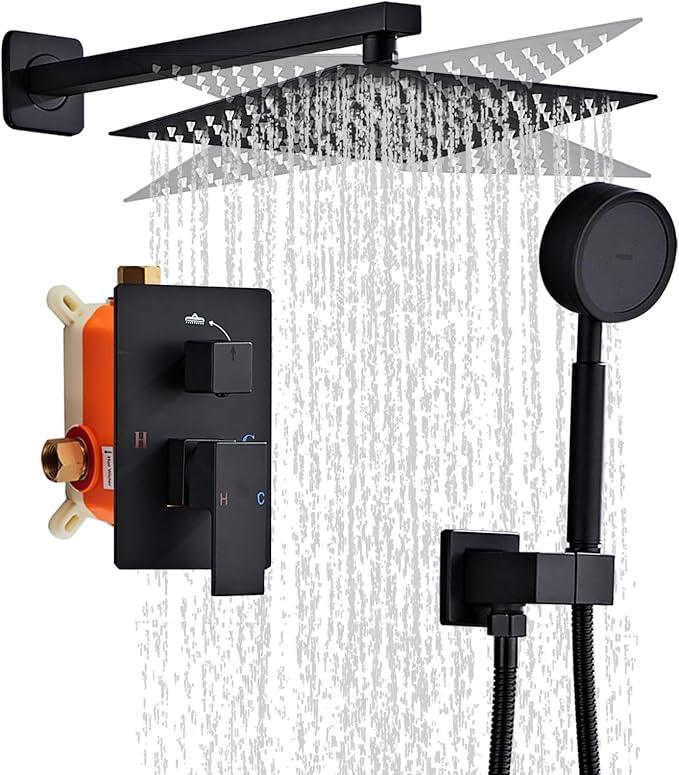 RTTWYYUU Matte Black Rainfall Shower Head, Wall Mounted 10 Inch Shower Heads with Handheld Spray Combo, Luxury Bathroom Square Rain Shower System, Solid Brass Pressure Balancd Shower Faucet Valve - ModernBath