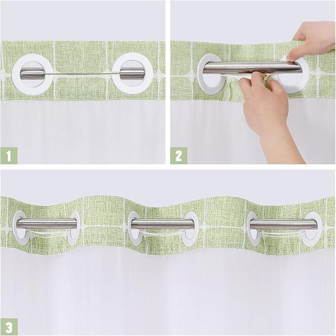 MitoVilla No Hooks Required Farmhouse Shower Curtain with Snap-in Liner - with Window & Magnets, Boho Cotton Linen Fabric Shower Curtains with Tassels for Rustic Bathroom Decor, Sage Green, 72 x 74 - ModernBath