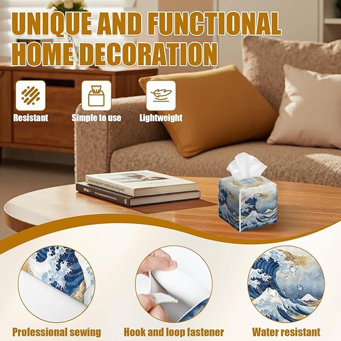 Art Great Wave Tissue Box Cover 2PCS, Leather Tissue Box Holder Square Facial Paper Case Tissue Box Cube Organizer for Bathroom Bedroom Desk Office - ModernBath