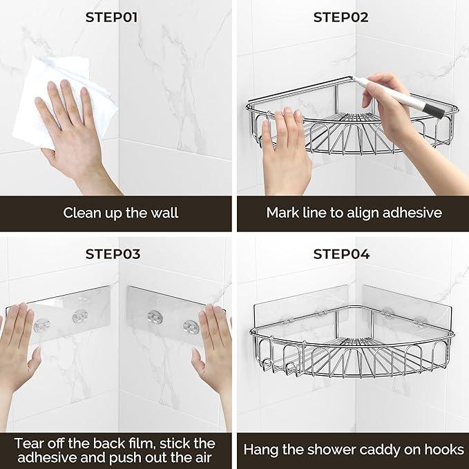 Orimade Corner Shower Caddy Stainless Steel with Hooks Wall Mounted Bathroom Shelf Storage Organizer Adhesive No Drilling 2 Pack, Silver Only for 90-Degree Corner - ModernBath
