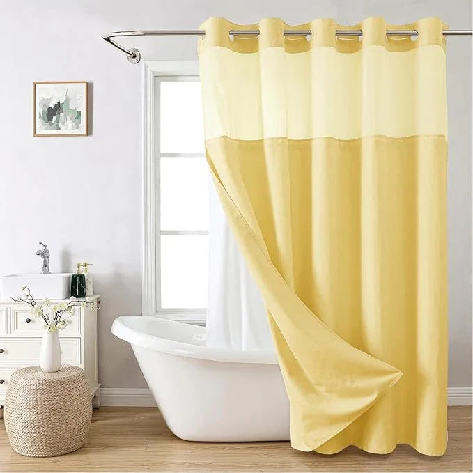eachope No Hooks Needed Linen Textured Shower Curtain with Snap-in Fabric Liner Set,Hotel Luxury Decor Shower Curtains for Bathroom with Mesh Top Window,Waterproof & Washable,71Wx74H,Gold - ModernBath