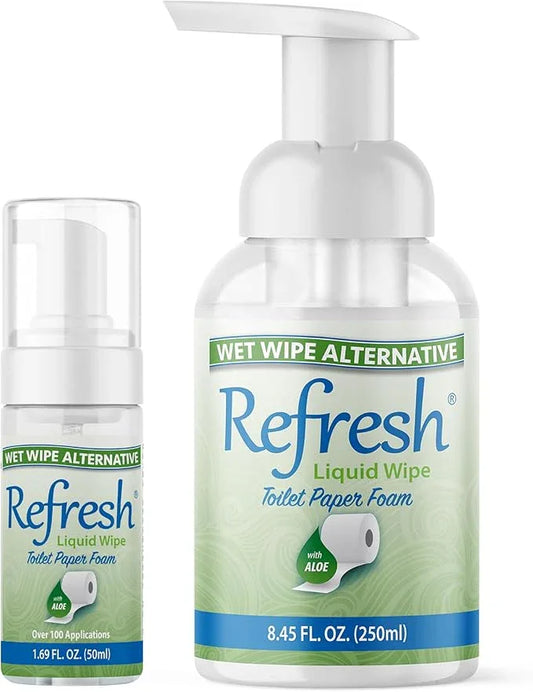 Refresh Liquid Wipe Toilet Paper Foam – Eco-Friendly Flushable Wet Wipe Alternative, Cleanses & Soothes with Witch Hazel & Aloe, Septic & Plumbing Safe 250ml/50ml (10.14 oz Total) (Combo Pack) - ModernBath