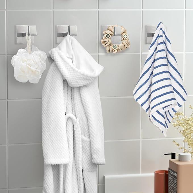 IBosins 4 Pack Towel Hooks Hand Towel Holder for Bathroom Wall Livingroom Bedroom Kitchen Closet Heavy Duty Stainless Steel Hook Hanger for Robe, Bath Towel, Coat (Square Brushed Silver) - ModernBath
