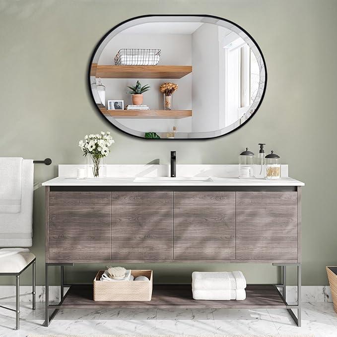 POZINO Oval Beveled Mirror, 24"x36" Bathroom Mirror for Over Sink, Rounded Rectangle Mirrors, Modern Oblong Vanity Wall Mirrors in Premium Stainless Steel Frame Hangs Horizontal Or Vertical - ModernBath