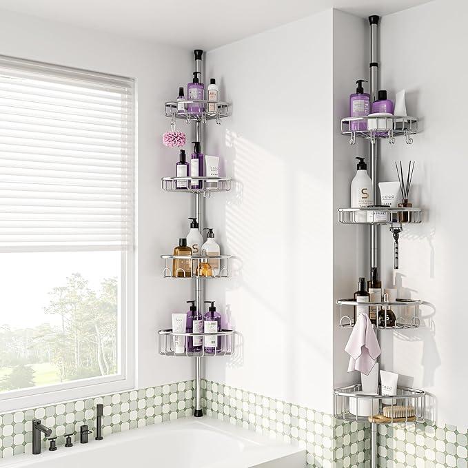 Corner Shower Caddy Tension Pole: Stainless Steel Rustproof 4-Tier Shower Organizer - 47-121 inch Adjustable Bathroom Shelves for Bathtub Shampoo Storage - Tension Rod Floor Standing Bath Rack -Silver - ModernBath
