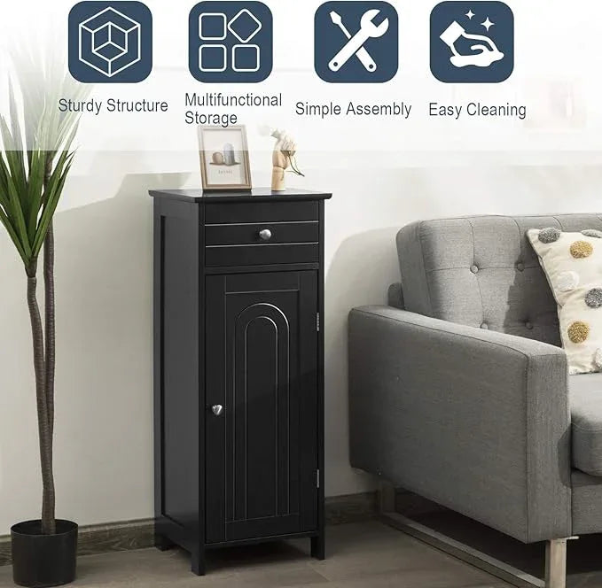 Tangkula Bathroom Floor Cabinet, Wooden Side Storage Organizer, Free-Standing Single Door Floor Storage Cabinet with Large Drawer & 2 Adjustable Shelves for Living Room Kitchen (Black) - ModernBath