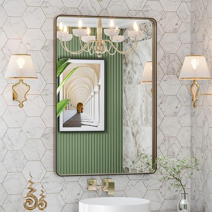 LOAAO 24”X36” Bronze Bathroom Mirrors for Vanity, Rounded Rectangle Brushed Bronze Metal Frame Mirror, Anti-Rust, Hangs Horizontally or Vertically - ModernBath