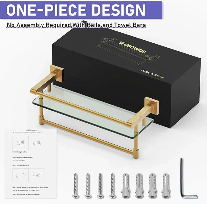 Bathroom Glass Shelf Brushed Gold Finish with Towel Rack, SUS304 Stainless Steel, 16-inch Tempered Glass Shelves for Wall - ModernBath
