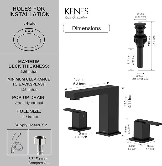 KENES Black Widespread Bathroom Faucet 3 Hole Bathroom Sink Faucet Matte Black Two Handle, 8-Inch 3 Pieces Bathroom Vanity Faucet with Pop Up Drain & Supply Lines, KE-9050-2-P - ModernBath