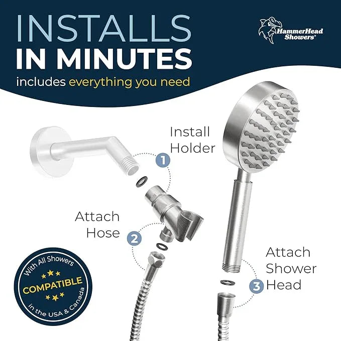 HammerHead Showers® Solid Metal Handheld Shower Head with Hose and Brass Holder - BRUSHED NICKEL - 2.5 GPM High Pressure Shower Heads with Adjustable Shower Wand Bracket - 6ft Flexible Extension - ModernBath