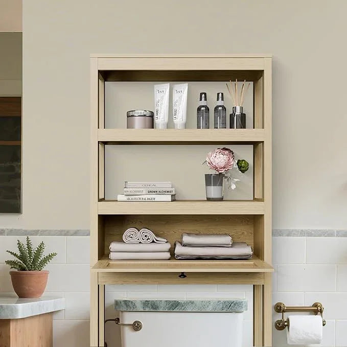 Over The Toilet Storage Cabinet, Behind Toilet Bathroom Organizer with Adjustable Shelves, Above Toilet Organizers with Rattan Door, Space Saver for Restroom, Bathroom, Laundry - ModernBath