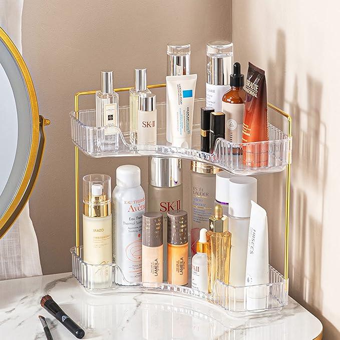 shuang qing 2-Tier Corner Bathroom Counter Organizer – Classic Storage Shelf for Makeup, Perfume & Toiletries, Space-Saving Countertop Tray Fits Bathroom, Dresser, Kitchen (Classic White) - ModernBath