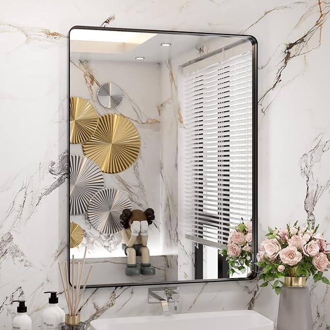 WEER Black Bathroom Mirror for Wall 28X36 Inch, Rectangular Black Metal Framed Vanity Mirror, Farmhouse Bathroom Mirror with Tempered Glass, Rounded Corner, Anti-Rust (Horizontal/Vertical) - ModernBath