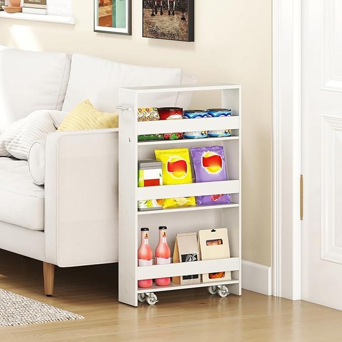 Small Kitchen Cart, 4-Tier Slim Rolling Island w/Handle, Laundry Room Storage Organizers Between Washer and Dryer, Narrow Spice Rack on Wheels Next to Fridge (White, 5'') - ModernBath