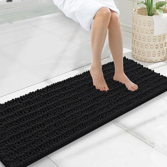 Smiry Bathroom Rugs Mat 47x17, Extra Soft Absorbent Chenille Bath Rugs, Non Slip Rubber Backing Machine Washable Quick Dry Bath Mats for Bathroom Floor, Tub, Shower, Home Decor Accessories, Black - ModernBath