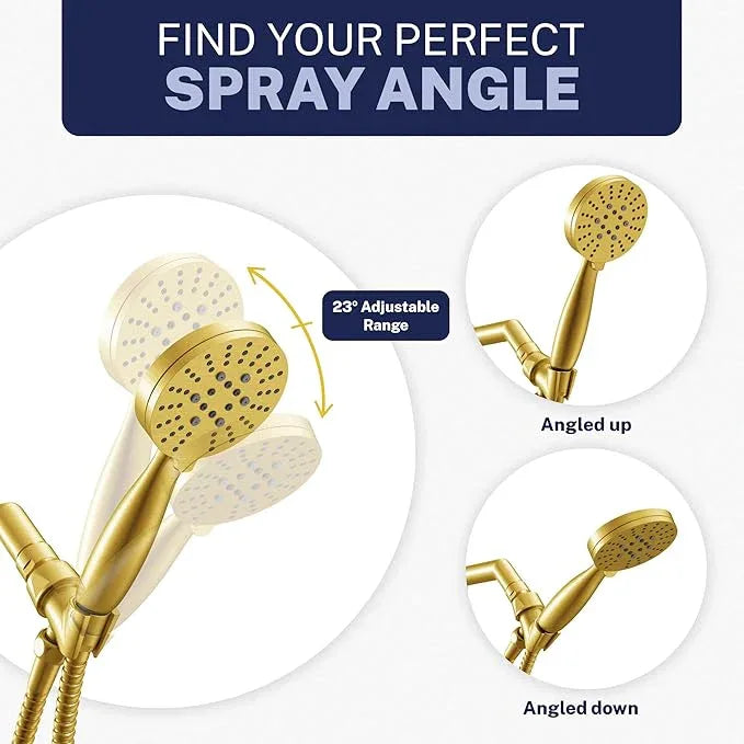HammerHead Showers® Solid Metal 3-Spray Handheld Shower Head with Long Hose and Holder - BRUSHED GOLD - WIDE, MASSAGE, and MIST Sprays - 1.8 GPM Low Flow Handheld Showerhead - Water Saving Shower Head - ModernBath