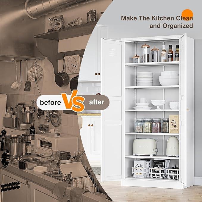 Yizosh Metal Storage Cabinet - 71" White Kitchen Pantry with 2 Doors and 5 Adjustable Shelves, 5-Tier Tall Steel Locker for Living Room, Dining Room - ModernBath