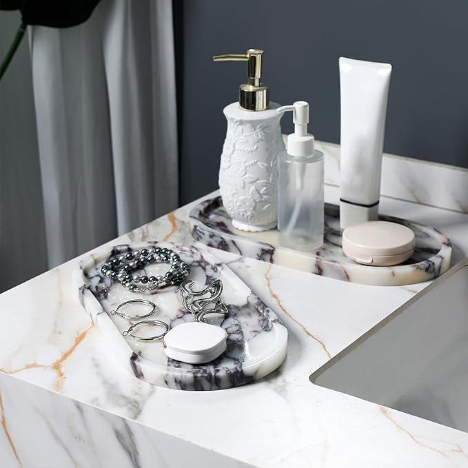 Faticdorr Marble Tray, 2 Pcs, Marble Vanity Tray, Bathroom, Decor for Trinket Perfume Jewelry Candle, White Marble Purple Veins, 12 Inch Oral - ModernBath