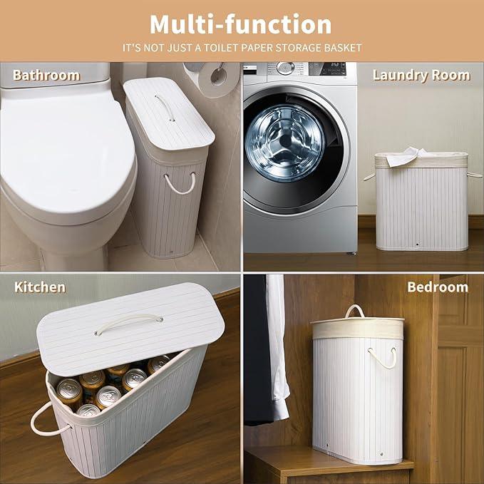 Bamboo Toilet Paper Storage with Lid & Handel, 8 Gallons (30L), Sturdy Toilet Paper Basket, Organizer for Bathroom, Kitchen, Holder with Storage, White - ModernBath