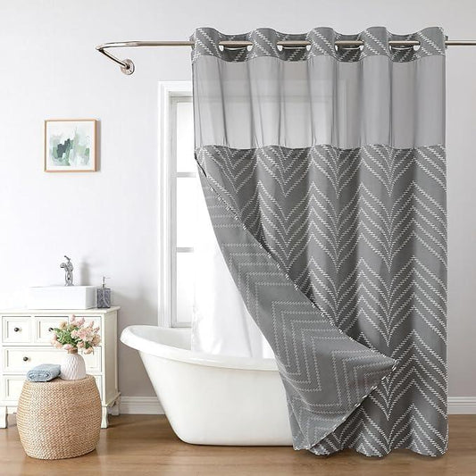Grey No Hook Shower Curtain with Snap-in Liner Set,Boho Modern Farmhouse White Tufted Chevron Striped Design,Woven Fabric Bathroom Curtain,71x74 - ModernBath