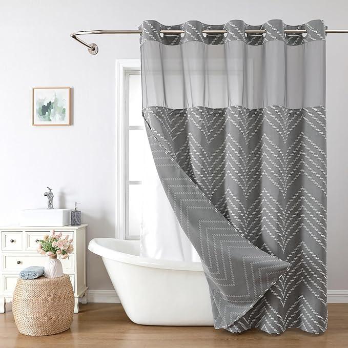 eachope Extra Long Grey No Hook Shower Curtain with Snap-in Liner Set,Boho White Woven Fabric Tufted Chevron Striped Design,Modern Chic Minimalist Bathroom Curtain,71x86 - ModernBath