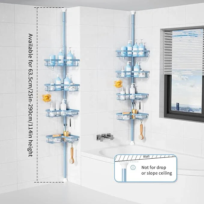 KEGII Shower Caddy Tension Pole, 4-Tier Rustproof Adjustable Corner Bathroom Organizer for Renters, 25–114.2 Inch No Drill Space-Saving Shower Storage Rack, Blue - ModernBath