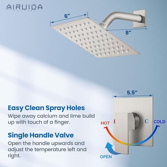 Airuida Shower Faucet Set Bathroom Rain Shower System SUS304 Stainless Steel Single Handle With Male Threads Rough-in Valve Shower Trim Kit 6 Inch Wall Mount Shower Head Brushed Nickel - ModernBath