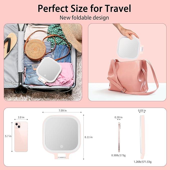 DESCHEN Rechargeable Travel Makeup Vanity Mirror with Lights and Magnification, Portable 1X/10X Magnifying Mirror with 3 Color Light, Lighted Makeup Mirror with Magnification, Folding LED Desk - Pink - ModernBath