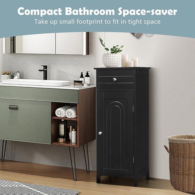 COSTWAY Bathroom Storage Cabinet, Single Door Floor Cabinet with Drawer and 3-Level Adjustable Shelves, Modern Side Storage Organizer with Anti-Tipping Device for Living Room, Bedroom (Black) - ModernBath
