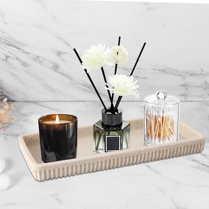 XLHOMO Resin Beige Bathroom Accessories Set 5 Pcs, Lotion Soap Dispenser, Toothbrush Holder, Bathroom Tumbler, Qtip Holder and Vanity Tray, Bathroom Countertop Organizer Set for Modern Home Apartment - ModernBath