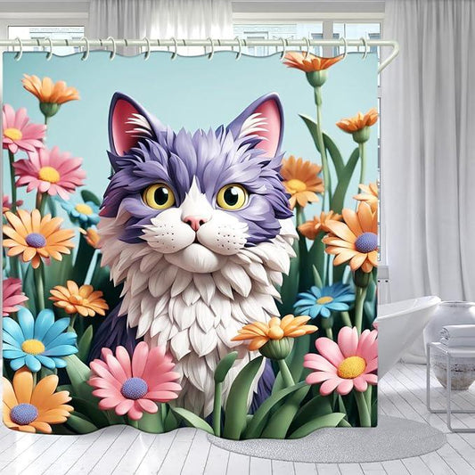 LYFANS Bathroom with Purplish White Cat 3D Shower Curtains, Luxury Bathtub Standard Shower Curtain, Waterproof and Bright Fabric Shower Curtain Size (72x72 Inches) - ModernBath