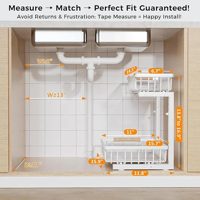 Under Sink Organizer,2 Pack Under Kitchen Sink Organizer,2 Tier Sliding-Out,5 Level Height Adjustable,Thickened Carbon Steel,Anti-rust Treatment,For Kitchen Bathroom White - ModernBath