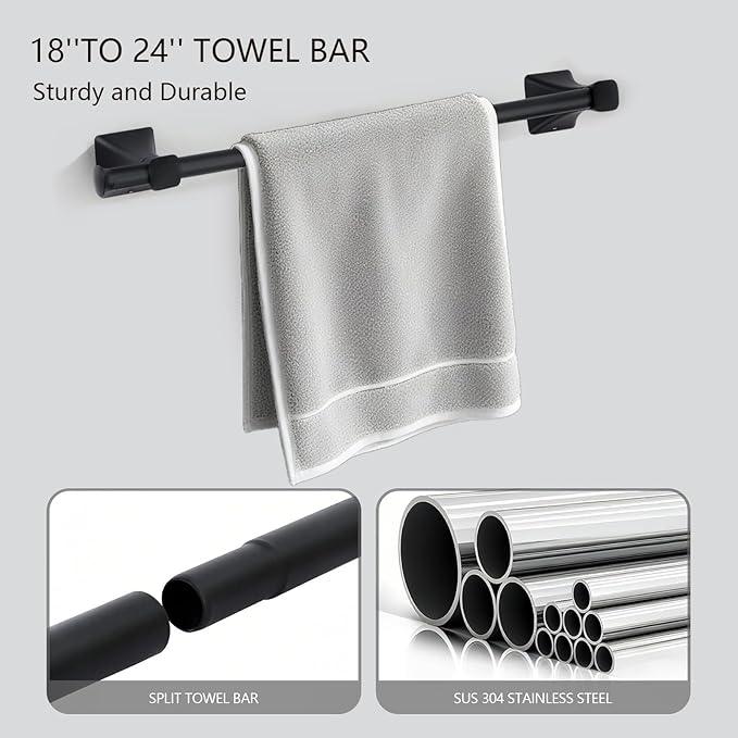 5 Piece Bathroom Hardware Accessories Set, SUS304 Stainless Steel Bath Towel Bar Set, 24 Inch Towel Racks for Bathroom Wall Mounted, Bath Towel Holder Set, Matte Black - ModernBath