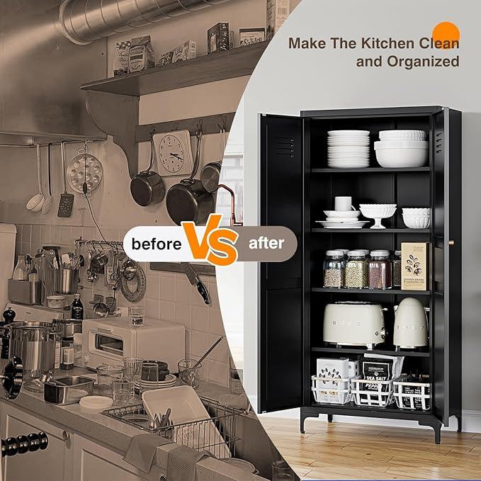 Yizosh Metal Pantry Cabinet,Tall Kitchen Pantry Storage Cabinet with Doors and Adjustable Shelves - 61" Black Cupboard Cabinet for Kitchen, Living Room,Dining Room,Home - ModernBath