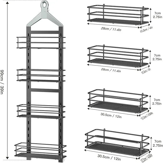 Orimade 4 Tier Adjustable Anti-slip Shower Caddy over Shower Head,Rustproof Bathroom Hanging shower Organizer with 4 Hooks for Razor,No Drilling Shower shelves Storage Rack,Grey - ModernBath
