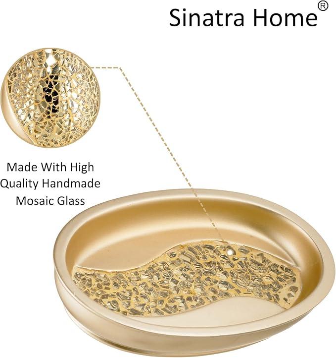 Zahari Home 4pc Sinatra Stylish Bathroom Accessories Set Champagne Gold Soap Dispenser Pump, Tumbler, Tooth Brush Holder and Soap Dish Modern Decor Bling Mosaic Glass Gold Bathroom Accessories - ModernBath