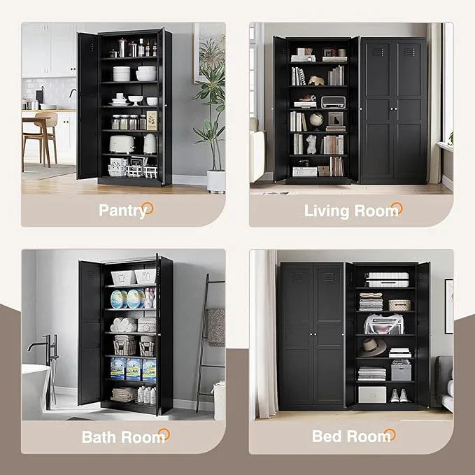 Yizosh Metal Storage Cabinet with 2 Doors and 5 Adjustable Shelves - 71" Black Kitchen Pantry Storage Cabinet, 5-Tier Tall Steel Cabinet Locker for Kitchen, Living Room, Dining Room - ModernBath