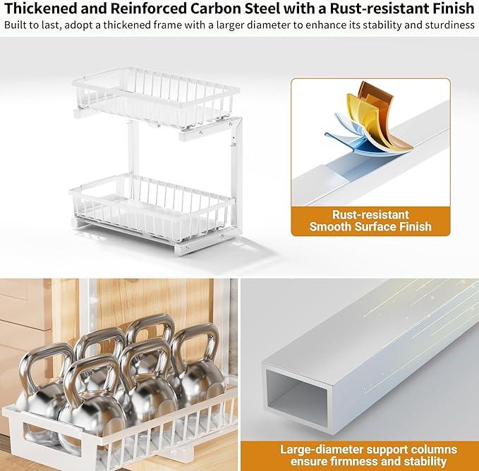 Under Sink Organizer 2 Pack, 2 Tier Adjustable Height Reinforced Carbon Steel Under Kitchen Bathroom Sink Storage Organizer, Smooth Pull-Out Under Sink Cabinet Rack Drawer Organizer, White - ModernBath