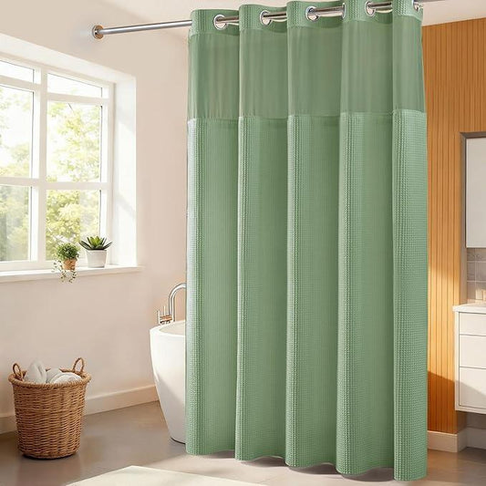 River Dream Sage Green Fabric Shower Curtain Set, Cotton Blend, Waffle Weave, with Snap in Replacement Liner，71 x 86 inches - ModernBath