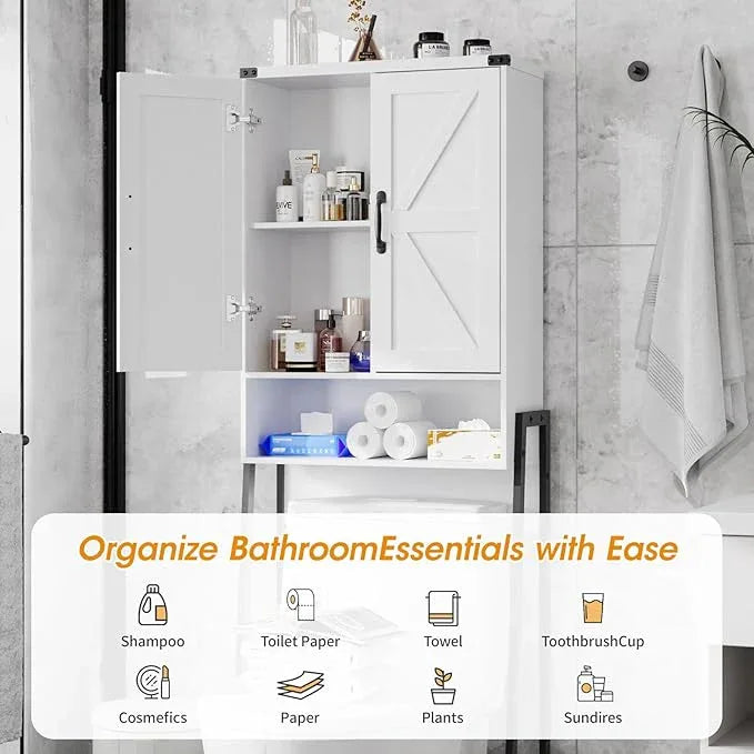 Over The Toilet Storage Cabinet with 2-Door Design Bathroom Organizers and Storage with Anti-Tip Device Over Toilet Organizer with Shelves for Bathroom,Restroom,Laundry White - ModernBath