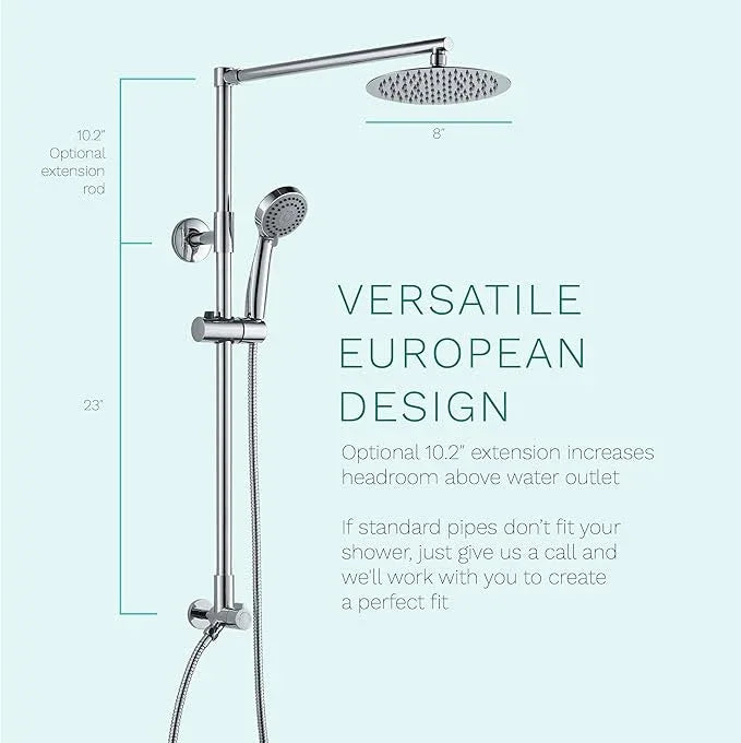 Fennocasa Polaris 3 Rain Shower System, 8” Rainfall Shower Head and Handheld Shower Combo, includes 3-Setting Handheld Spray, Height Adjustable Shower Wand Holder, 60” Hose (1.8 GPM Chrome) - ModernBath