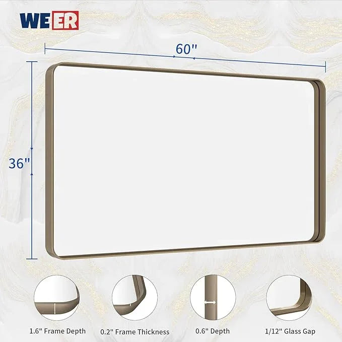 WEER 60x36 Inch Bronze Bathroom Mirror for Vanity, Brushed Bronze Metal Frame Mirror for Wall, Rounded Rectangle Bronze Frame Mirror with Tempered Glass, Anti-Rust (Horizontal/Vertical) - ModernBath