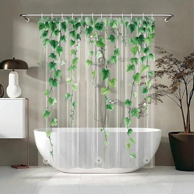 Clear Green Ivy Leaves Shower Curtain Liner, Transparent Plastic Nature Green Botanical Leaf Decorative Waterproof Shower Curtains for Bathroom, 72x72 Weighted Magnetic Shower Curtain Liner with Hooks - ModernBath