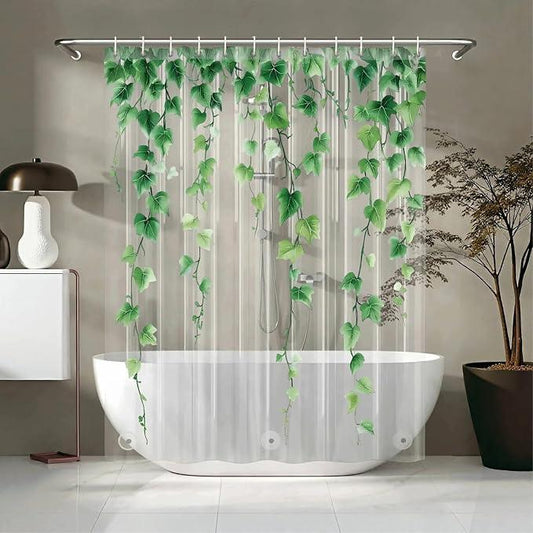 Clear Green Ivy Leaves Shower Curtain Liner, Transparent Plastic Nature Green Botanical Leaf Decorative Waterproof Shower Curtains for Bathroom, 72x78 Weighted Magnetic Shower Curtain Liner with Hooks - ModernBath