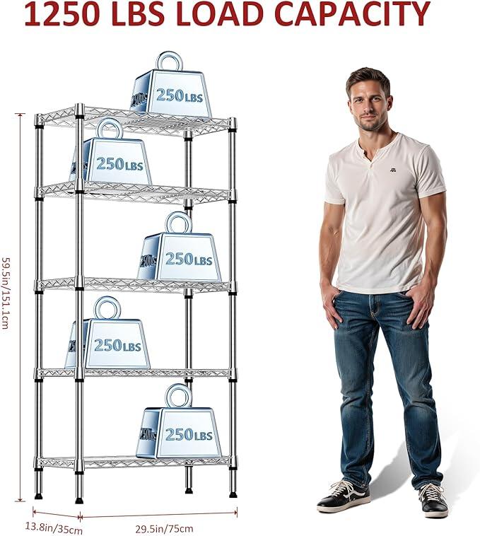 IZEUK 5-Tier Chrome Metal Storage Shelves, Heavy Duty Wire Shelving Unit for Kitchen, Office, Garage, or Home Organization, 1250 lbs Capacity, 13.8" D x 29.5" W x 59.5" H - ModernBath