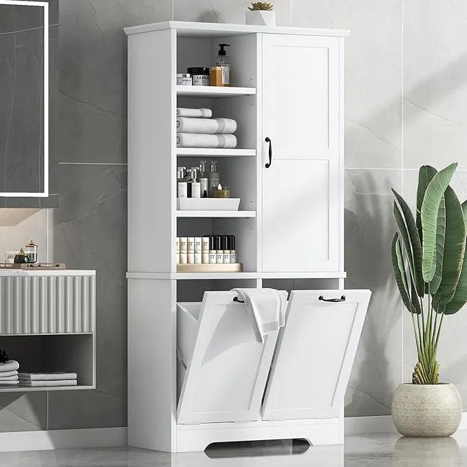 Bathroom Storage Cabinet with Doors and Drawers, Tilt-Out Laundry Hamper, Multiple Storage Space, Freestanding Style, Open Shelve, Adjustable Shelf (White) - ModernBath