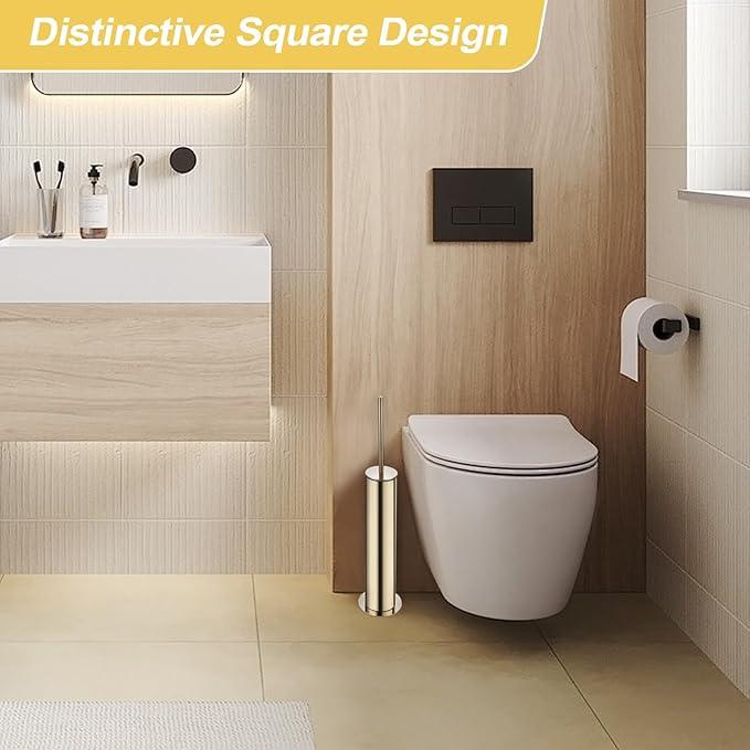 BGL Toilet Brush and Holder Set, Heavy Duty 304 Stainless Steel, Round Base and Long Handle for Bathroom Deep Cleaning, Drip-Proof, Space Saving for Storag, Gold - ModernBath