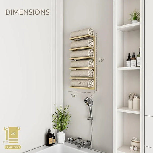 Modern Tiered Towel Rack - Wall-Mounted Metal Towel Shelf for Bathroom, Space-Saving Storage for Towels, Organizers, and Home Decor (Gold, 6-Tier) - ModernBath