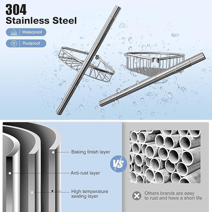Corner Shower Caddy Tension Pole: Stainless Steel Rustproof 4-Tier Shower Organizer - 47-121 inch Adjustable Bathroom Shelves for Bathtub Shampoo Storage - Tension Rod Floor Standing Bath Rack -Silver - ModernBath