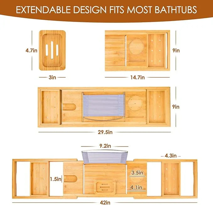 Foldable Bathtub Caddy Tray, Bamboo Bath Tub Tray Table for Tub with Wine Glass Holder Book Phone Tablet Holder with Extending Sides, Adjustable Bathroom Bathtub Free Soap Holder Gift Idea (Beige) - ModernBath